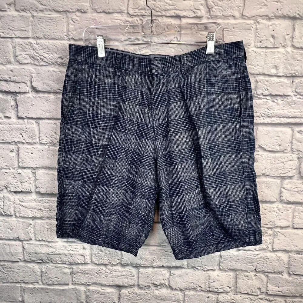 J Crew Club Men's 100% Linen Blue Plaid Chino Shorts Flat Front Size‎ 34 10.5 L